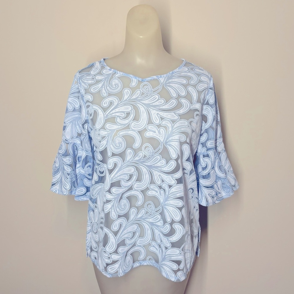 NY Collection Light Blue Lace Top Size Petite Large Chic Classy Cottagecore